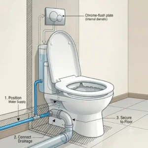 Technical diagram showing the step-by-step water pipe connection and floor drainage alignment during a standing toilet installation.