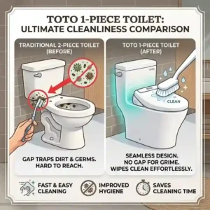 An infographic illustrating how the absence of a tank gap makes toto 1 piece toilets exceptionally easy to clean