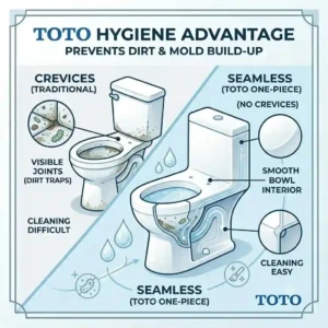 Illustration highlighting the easy-to-clean seamless base of a toto one piece toilet.