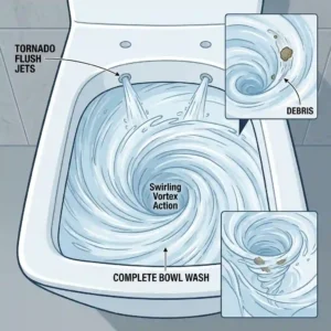 Illustration demonstrating the powerful Tornado Flush system inside a toto toilet square bowl.