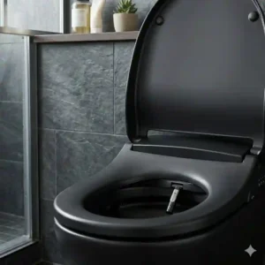 Space-saving wall-mounted black toilet with bidet combination in a contemporary setting.