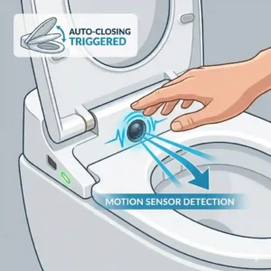 Illustration of a proximity sensor detecting a user leaving the bathroom, triggering the auto closing toilet seat.