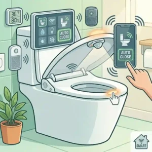 Infographic displaying how an automatic toilet lid closer integrates with smart home devices and mobile app controls.