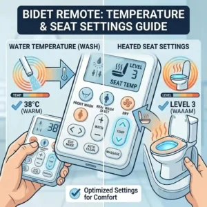 An infographic highlighting the temperature control options for water and heated seats on a touchscreen bidet remote.