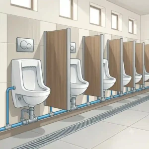 Row of commercial wall-mounted standing toilet models separated by privacy glass panels in a brightly lit office restroom.