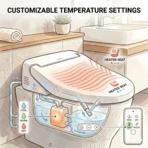 Infographic showcasing the temperature adjustment levels for a heated remote control bidet seat and warm water spray.
