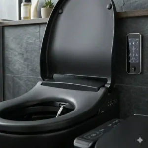 Black toilet with bidet spray attachment mounted on a dark textured bathroom wall.