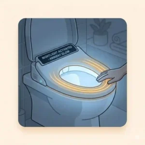 A soft-focused illustration of an illuminated smart toilet heated seat with an integrated LED nightlight.