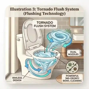 A detailed cross-section illustration showing the powerful tornado flush system inside toto 1 piece toilets.