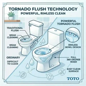 Technical diagram explaining the powerful Tornado Flush system inside a toto one piece toilet.