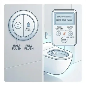 An illustration highlighting the dual-flush wall plate and the wireless remote control used for a smart wall-mounted toilet with bidet.