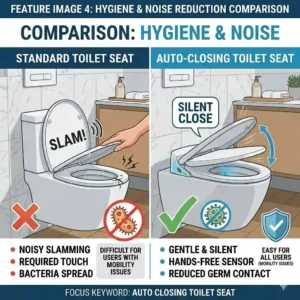 A comparison infographic highlighting the hygiene and noise advantages of an auto closing toilet seat versus a traditional toilet lid.