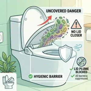 Visual representation of how an automatic toilet lid closer improves bathroom hygiene by blocking airborne toilet plume.