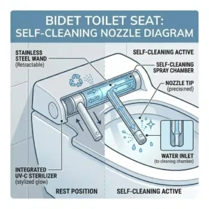 A close-up illustration of the retractable, self-cleaning stainless steel wand inside a modern wall-mounted toilet with bidet.
