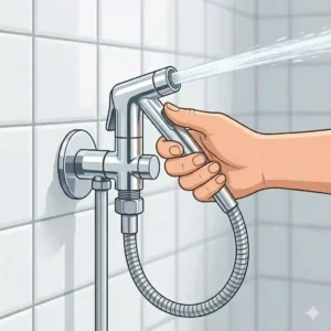 Close up view of an eco friendly health faucet nozzle releasing a controlled jet spray of water to save water