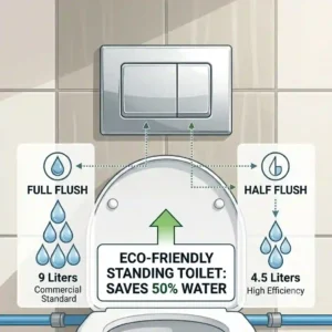 Close-up on the dual-flush mechanism buttons of an eco-friendly standing toilet highlighting water conservation metrics.