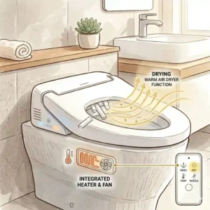 Line art illustration demonstrating the warm air dryer function on an electronic remote control bidet.