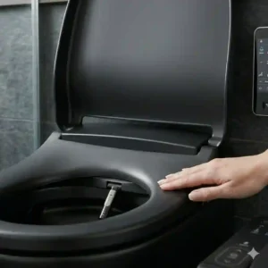 Wireless remote control interface for adjusting water temperature on a black toilet with bidet.