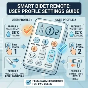 An illustration showing a user selecting personalized memory presets on a smart bidet remote control.
