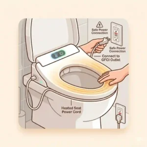 A clear diagram showing the installation steps for connecting an electric toilet heated seat to an outlet.