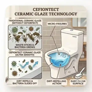 A close-up technical diagram demonstrating the smooth cefiontect ceramic glaze surface of toto 1 piece toilets.