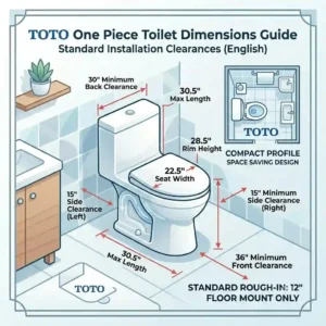 Standard dimension and installation clearance chart for a compact toto one piece toilet.