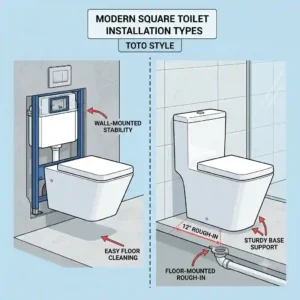 Side-by-side comparison of a wall-hung and floor-mounted toto toilet square model.