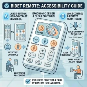 A close-up illustration of a senior user easily operating an ergonomic handheld bidet remote with large, high-contrast buttons.