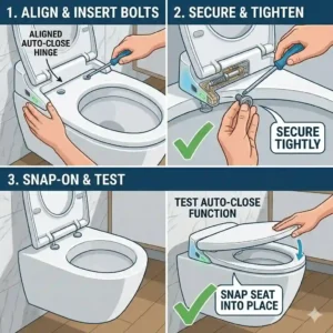 Step-by-step DIY illustration showing how to tighten bolts and mount a new auto closing toilet seat to a standard round toilet bowl.