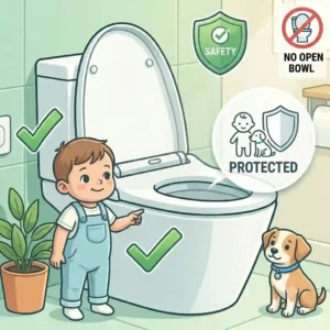 Safety concept showing how an automatic toilet lid closer protects children and pets from open toilet bowls.