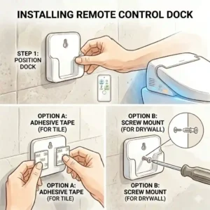 Guide showing how to install a magnetic wall mount bracket for a wireless remote control bidet.