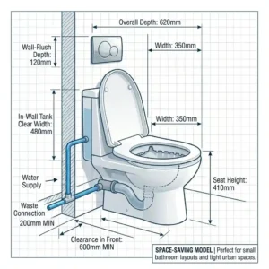 Blueprint illustration mapping out the compact height, width, and clearance measurements of a space-saving standing toilet for small bathrooms.