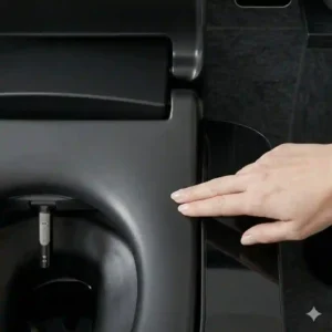 Top-down view focusing on the ergonomic seat and lid materials of a black toilet with bidet.