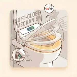 A line art drawing illustrating the quiet, automatic slow-close mechanism of a premium toilet heated seat.