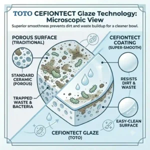 Microscopic view illustration of the smooth TOTO CEFIONTECT ceramic glaze on a toto one piece toilet bowl.