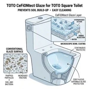 Close-up cross-section of the CeFiONtect ceramic glaze on a toto toilet square surface.