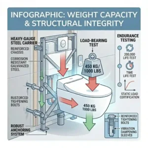 An infographic detailing the structural weight capacity and steel frame durability of a wall-mounted toilet with bidet.