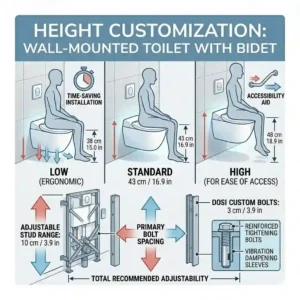A dimensions guide showing the adjustable mounting heights available during the installation of a wall-mounted toilet with bidet.