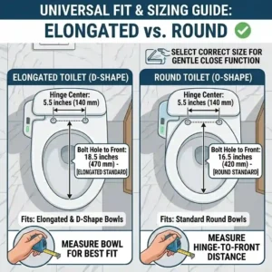 Measurement diagram showcasing round and elongated dimensions to help buyers select the right size auto closing toilet seat.