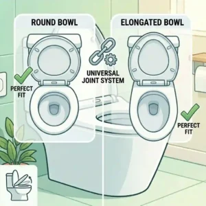 Comparison chart illustrating the universal compatibility of an automatic toilet lid closer for round and elongated bowls.