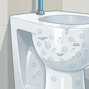 Glossy white porcelain surface of a high-end standing toilet treated with anti-bacterial glaze for easy cleaning.