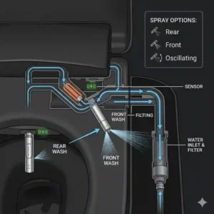 Functional schematic diagram illustrating the water flow paths of a black toilet with bidet.
