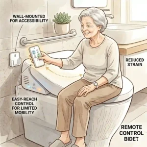 An accessible bathroom design highlighting how a remote control bidet improves comfort for seniors and people with mobility challenges.