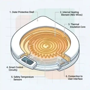 A detailed cross-section diagram showing the internal thermal heating elements of a modern toilet heated seat.