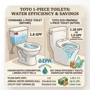 An environmental diagram highlighting the low-flow water conservation metrics of eco-friendly toto 1 piece toilets