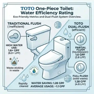 Water-saving infographic showing the low gallons-per-flush efficiency of a toto one piece toilet.