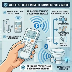 A conceptual illustration showing the wireless signal connection between a wall-mounted bidet remote control and an electronic bidet seat.