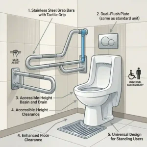 High-comfort standing toilet variation equipped with wall-mounted stainless steel safety grab bars for enhanced user accessibility.
