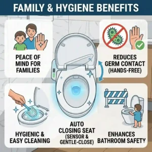An icon-based graphic illustrating germ reduction and bathroom safety achieved by utilizing a hands-free auto closing toilet seat.