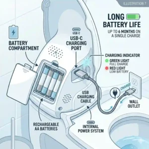 Detail view of the rechargeable battery and USB charging port found on an automatic toilet lid closer.